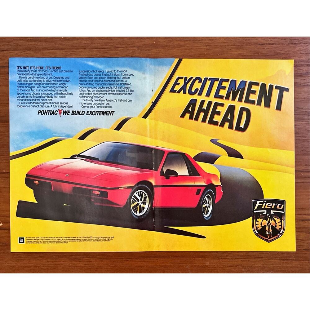 Vintage 1983 PONTIAC FIERO Car Double Print Ad Red Car "EXCITEMENT AHEAD"